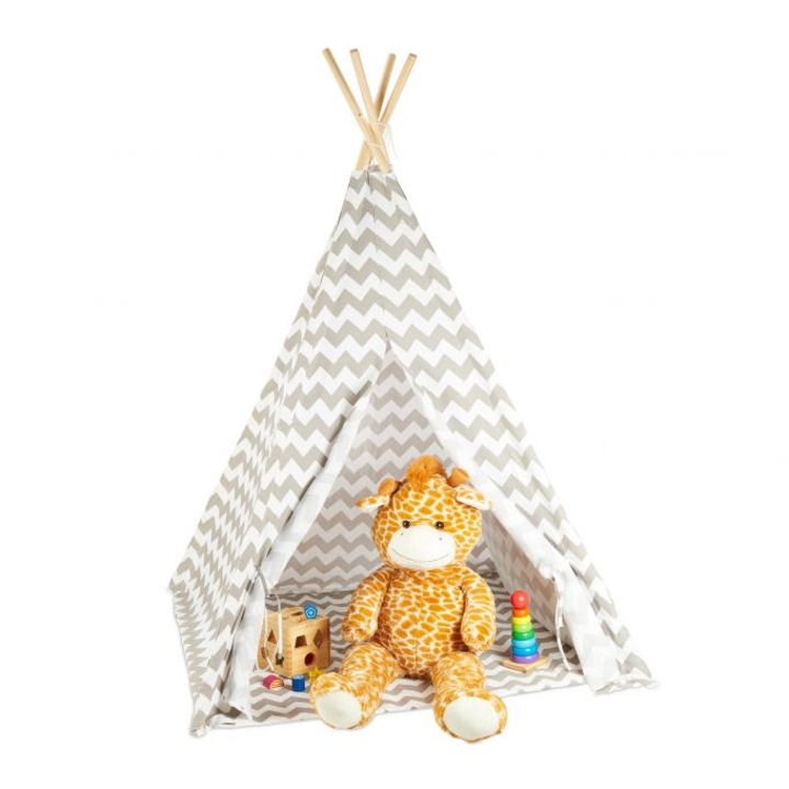 Cort de joaca pentru copii Relaxdays, din in, alb/gri, 115x115x160 cm