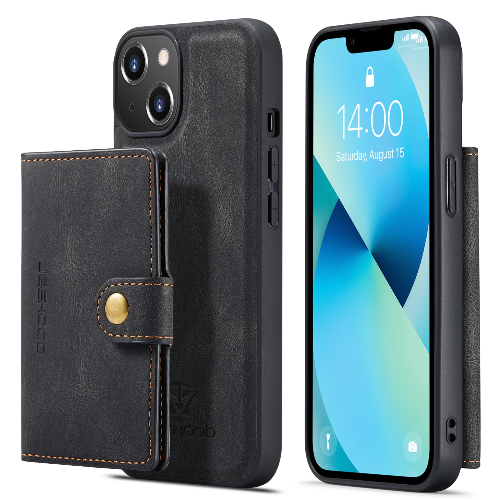 Husa pentru iPhone 14 Plus, piele cu textura moale, back cover, mini portofel detasabil, CaseMe, Negru