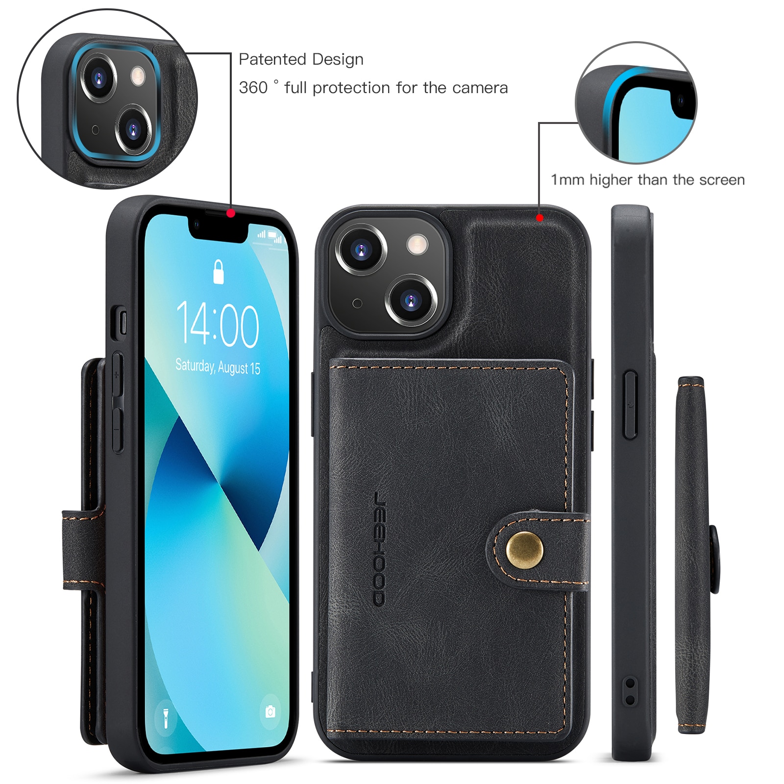 Husa pentru iPhone 14 Plus, piele cu textura moale, back cover, mini portofel detasabil, CaseMe, Negru