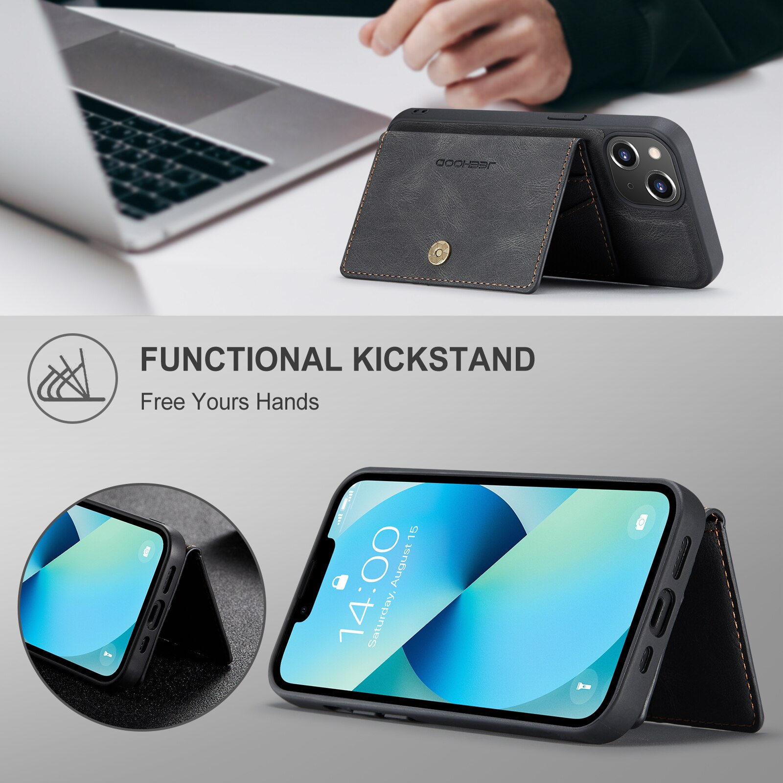 Husa pentru iPhone 14 Plus, piele cu textura moale, back cover, mini portofel detasabil, CaseMe, Negru
