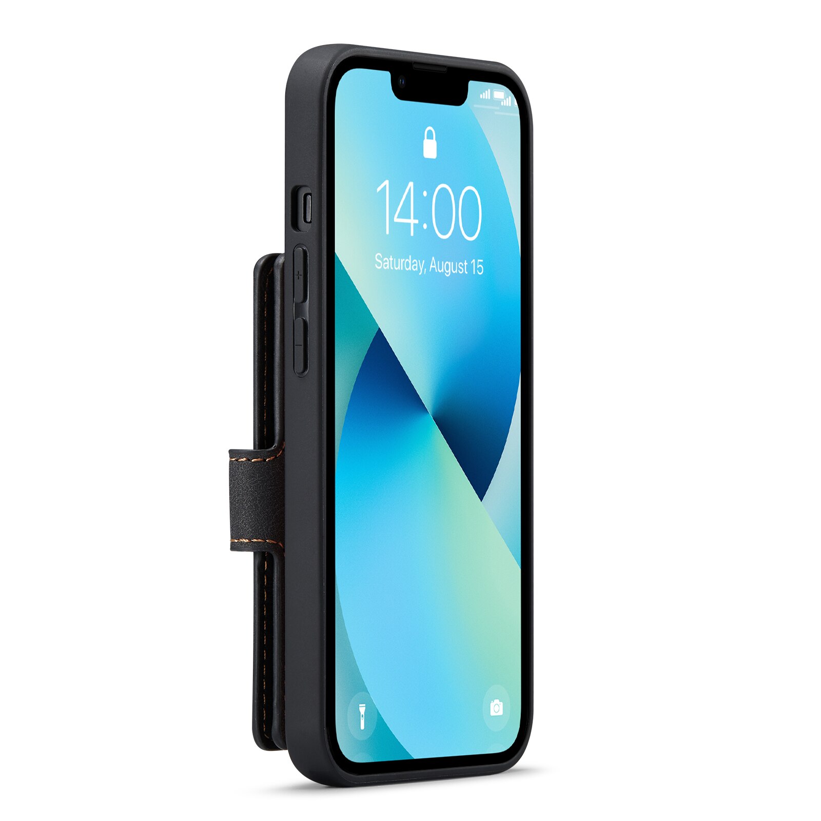 Husa pentru iPhone 14 Plus, piele cu textura moale, back cover, mini portofel detasabil, CaseMe, Negru