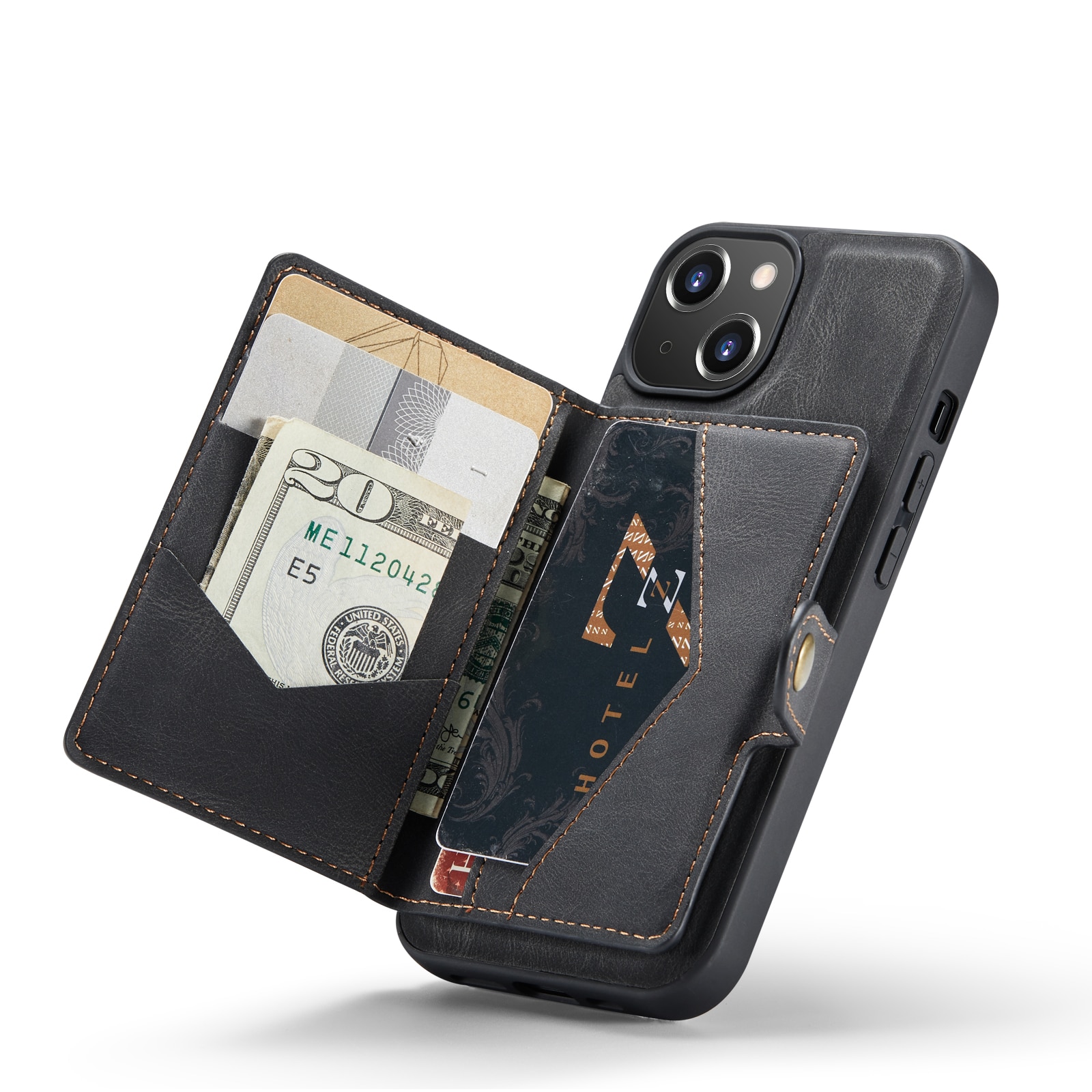 Husa pentru iPhone 14 Plus, piele cu textura moale, back cover, mini portofel detasabil, CaseMe, Negru