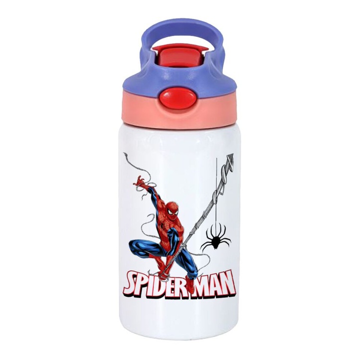 Termos cu pai pentru copii, Spiderman, Inox, 350 ml, Roz/Mov