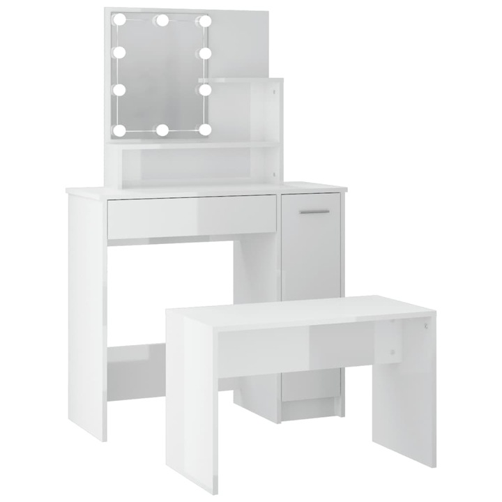 Тоалетка vidaXL, LED, Огледала, Стол, Бял, MDF, 86,5 x 35 x 136 см