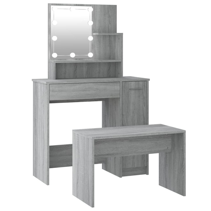 Тоалетка vidaXL, LED, Сив, MDF, 86,5 x 35 x 136 см, стол, огледала, чекмедже
