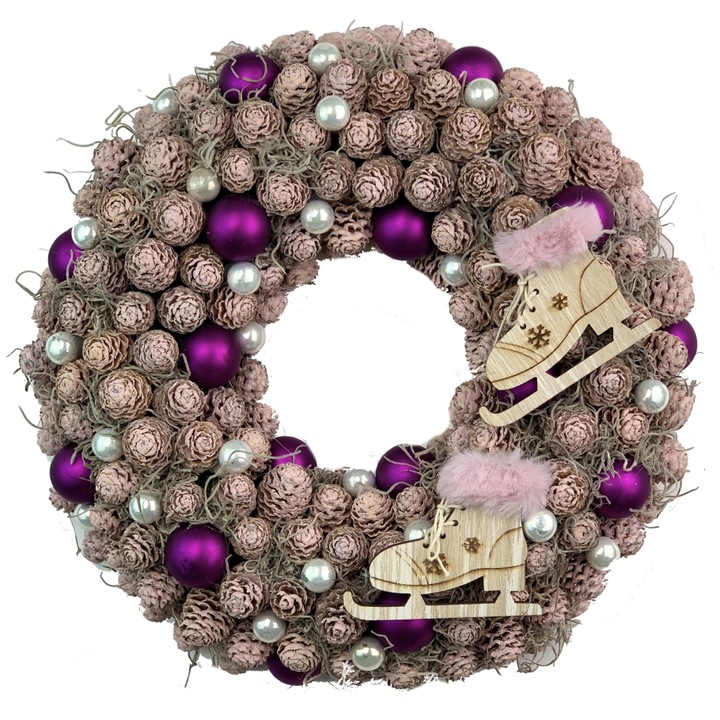 Coronita decorativa de iarna realizata cu conuri meridianum si globulete de sticla, accesorizata cu patine, roz, mov, 32 cm