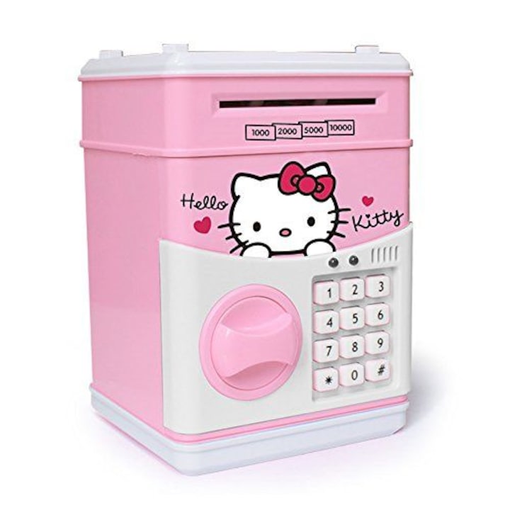 Pusculita Anais Tailor, pentru copii, cu functie ATM, cod pin si seif, Roz/Alb, Hello Kitty