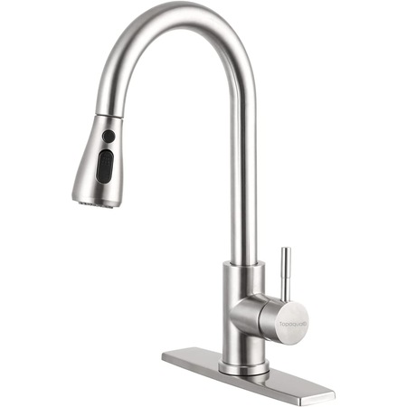 Baterie chiuveta bucatarie cu baza Topaqua® Premium Class 2, cu dus extractabil, pipa inalta, cartus ceramic, buton on/off, 2 tipuri jet, racorduri incluse, otel inoxidabil, argintiu mat