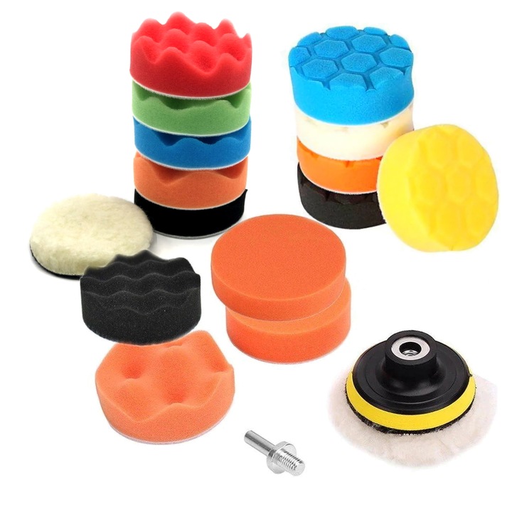 Set profesional bureti polish auto cu taler 75mm, 14 discuri cu diferite clase de abraziune, 2 calote lana si adaptor bormasina