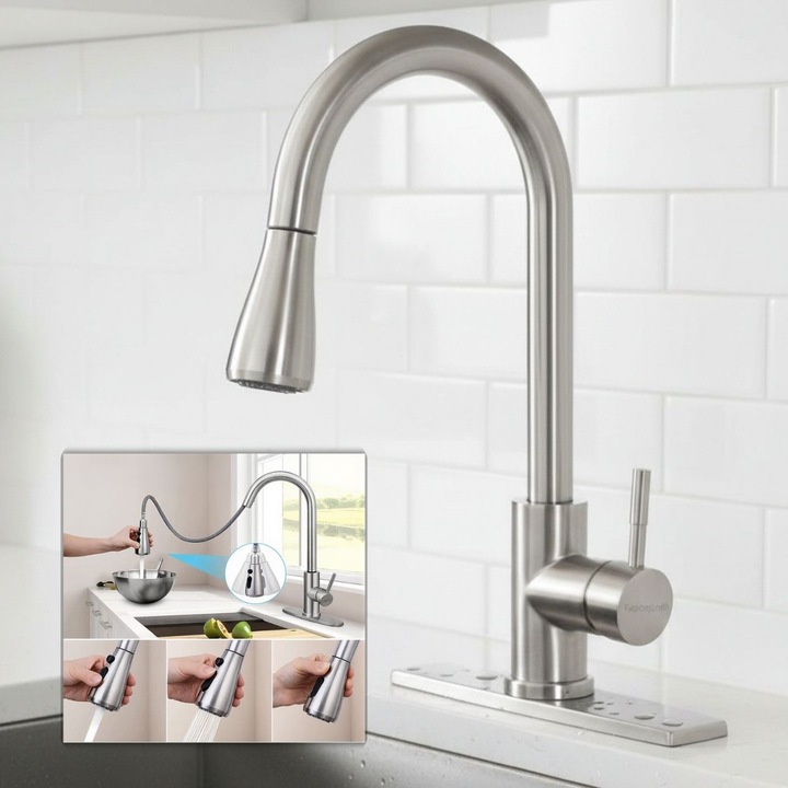 Baterie chiuveta bucatarie Topaqua® Premium Class 1, cu dus extractabil, pipa inalta, cartus ceramic, monocomanda, buton on/off, 2 tipuri jet, racorduri incluse, otel inoxidabil, argintiu mat