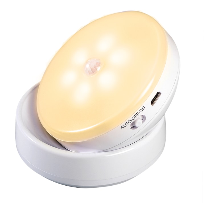 Lampa Led cu senzor de miscare si lumina pentru holuri, scari, camera copilului, portabila, baza magnetica, 400mAh, Incarcare USB, lumina galbena calda