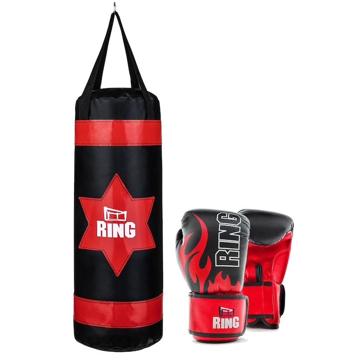 Set sac de box si manusi pentru copii Ring, Plawil, 60x22 cm, 4 kg, Negru / Rosu