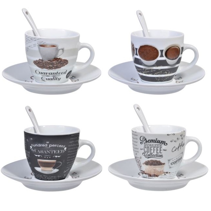 4 csésze készlet, Herum®, kávéhoz különböző modellekkel, kanállal és tányérral, Multicolor, 6 x 6 cm
