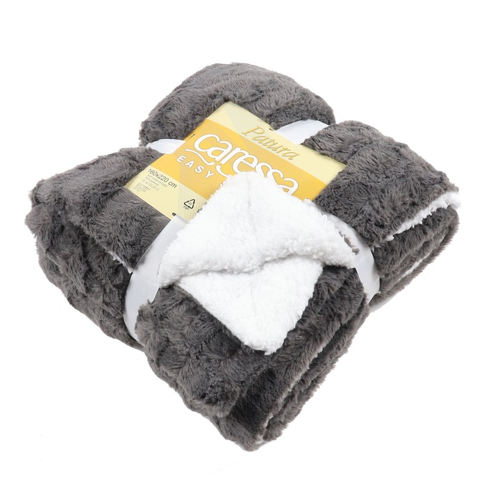 Patura de pat Caressa GS3918, 100 % poliester, 160 x 220 cm, culoare gri si alb