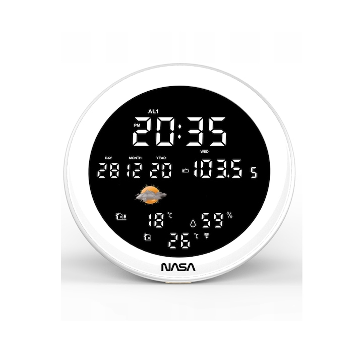 Nasa Wsp1700 meteorológiai állomás, LED kijelző, hangszóró, rádió, Fehér/bézs