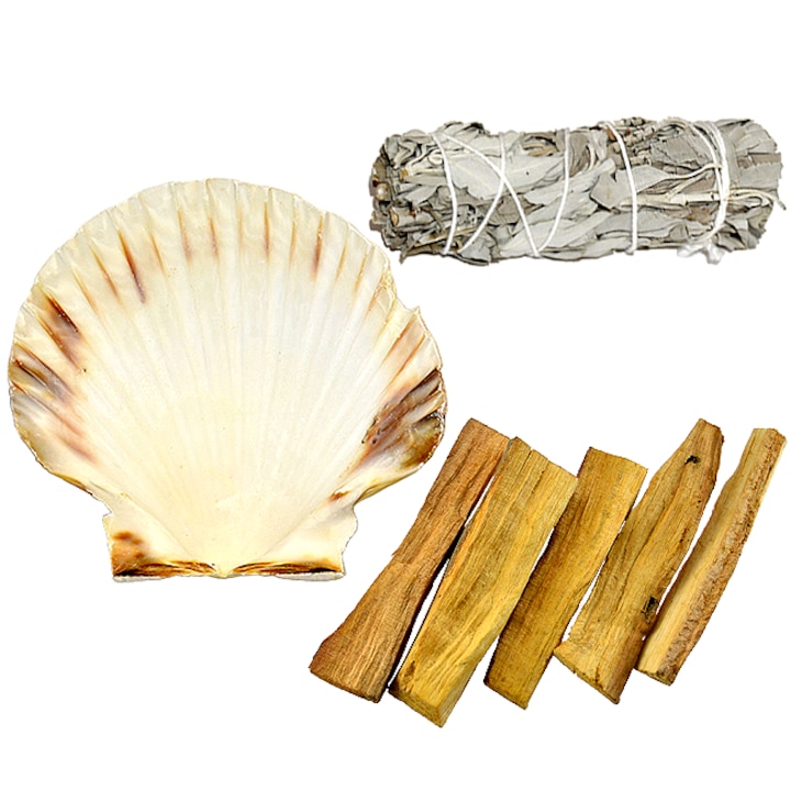 Set odorizant cameră e-palosanto Shaman Evantai, Lemn Palo Santo 50gr, Salvie Albă 10cm, Scoică fumigație 8cm