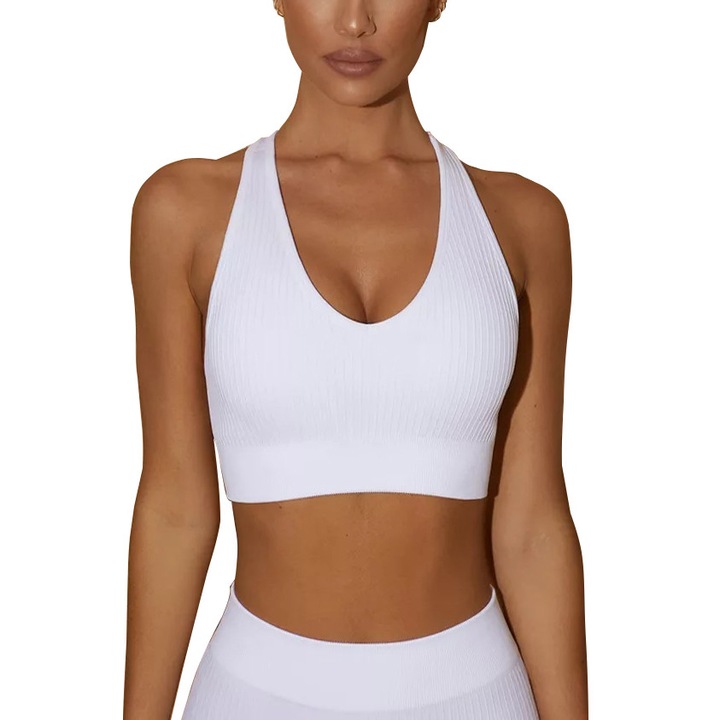 Top fitness cu sustinere ridicata si decolteu in V, Alb 208