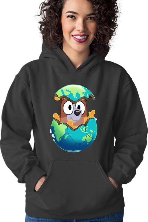 Hanorac dama Bluey Earth Day Savior Cute Dog Animation, Negru