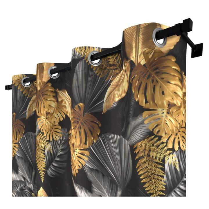Перде, Voppi, Полиестер, 140x260 см, Закопчалка с пръстен, Шарка Дорадо, Черно/Златно