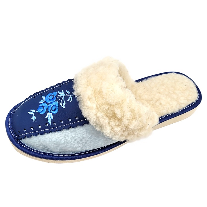 Papuci Dama, Model 'Blue Tradition', Culoare Albastru, Material Piele