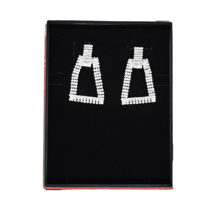 Samirra hosszú fülbevaló, trapéz alakú féldrágakövekkel, díszdobozban, ezüst, bársony, CS011