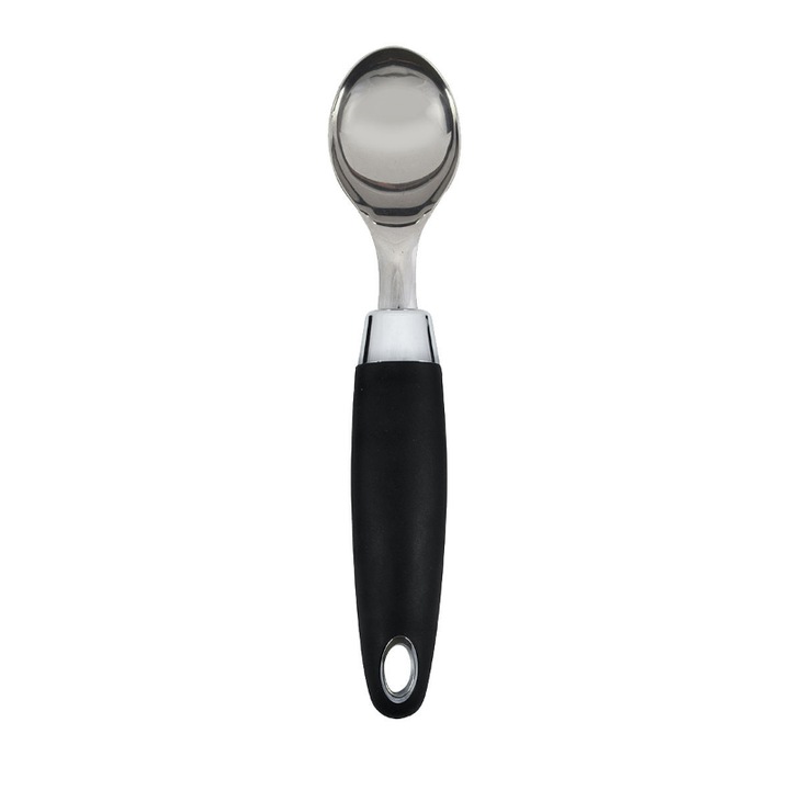 Scooper pentru inghetata Estia, Maner ergonomic, 22 cm, Otel inoxidabil, Silicon, Negru, Argintiu