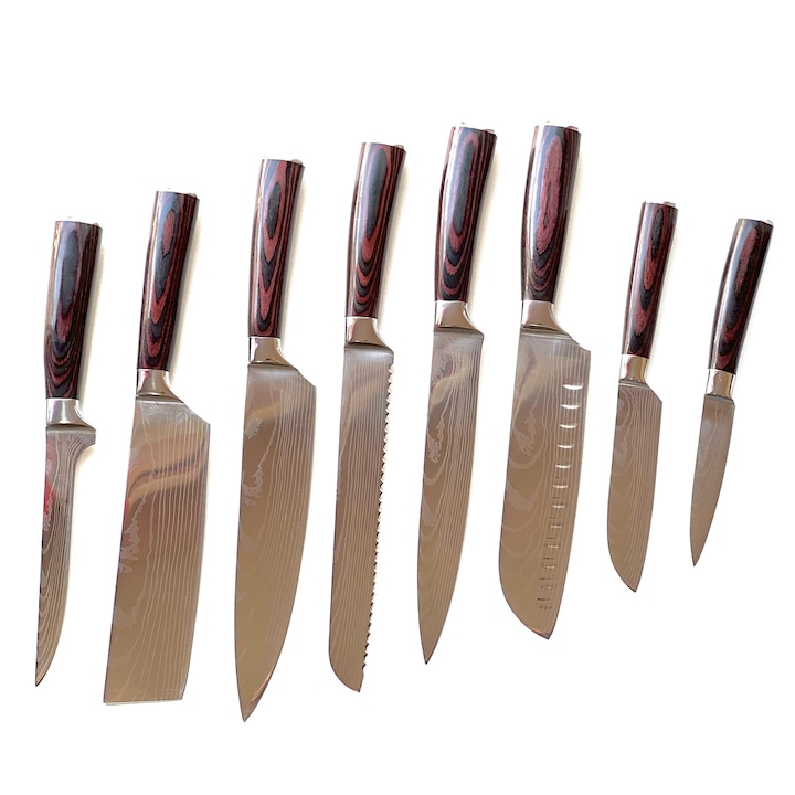 Комплект кухненски ножове Oldpard, Дръжка Pakkawood, Високовъглеродна неръждаема стомана, 8бр