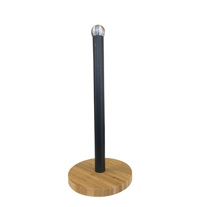 Suport rola hartie bucatarie metal si bambus, suport prosop hartie vertical, baza stabila bambus, 35 cm, Frandis, 017016