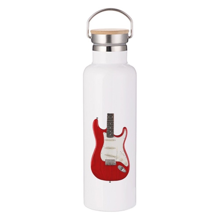 Termos Travel Flask, Model cu chitara, Perete dublu, Inox/Bambus, 750 ml, Alb