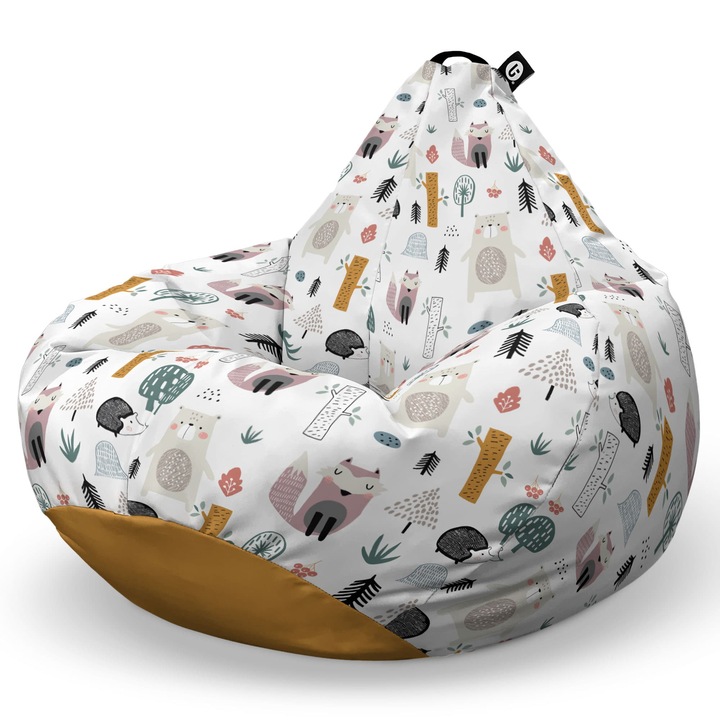 Fotoliu Updeco Puf Bean Bag tip Para XL, impermeabil, indoor/outdoor, sac interior, cu maner, 100 x 85 x 65 cm, arici si vulpe alb