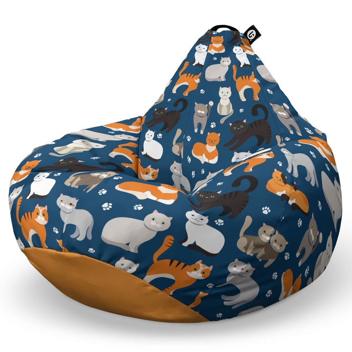 Fotoliu Updeco Puf Bean Bag tip Para XL, impermeabil, indoor/outdoor, sac interior, cu maner, 100 x 85 x 65 cm, pisici fundal albastru