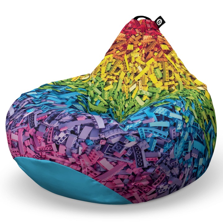 Fotoliu Updeco Puf Bean Bag tip Para XL, impermeabil, indoor/outdoor, sac interior, cu maner, 100 x 85 x 65 cm, lego curcubeu