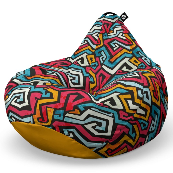 Fotoliu Updeco Puf Bean Bag tip Para XL, impermeabil, indoor/outdoor, sac interior, cu maner, 100 x 85 x 65 cm, graffiti linii retro