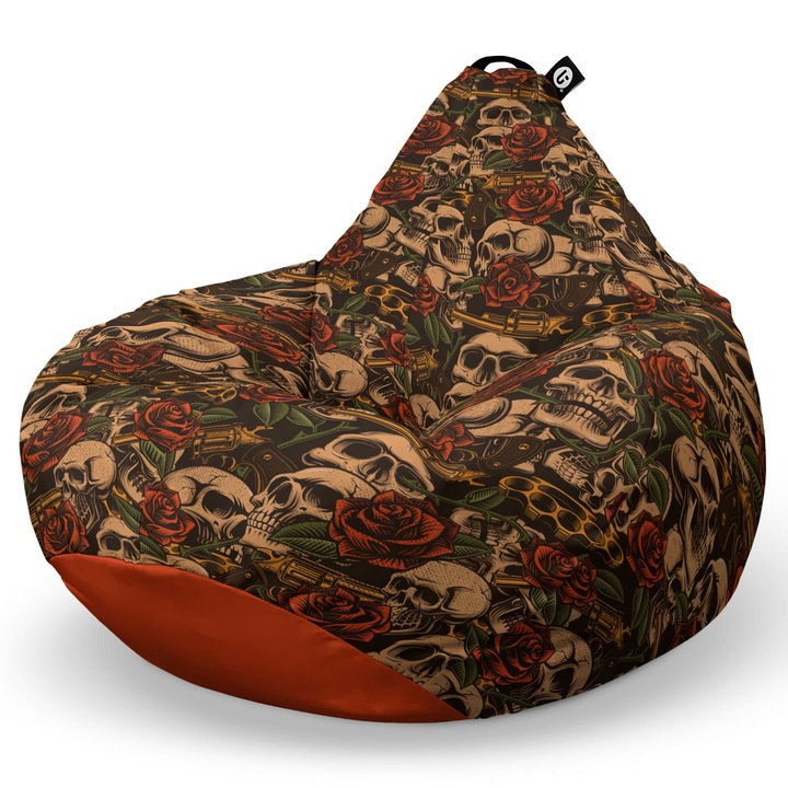 Пуф Updeco Bean Bag, Тип круша L, Водоустойчив калъф, За закрито и открито, с вътрешна предпазна чанта, С дръжка, 90 x 80 x 60 см, Пушки и рози