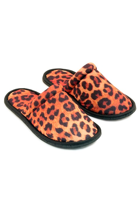 Set 2 perechi papuci dama, Quasar & Co.®, model Animal print, buretati, lungime talpa 26,5 cm, marime universala, talpa 0,8 cm, maro/negru