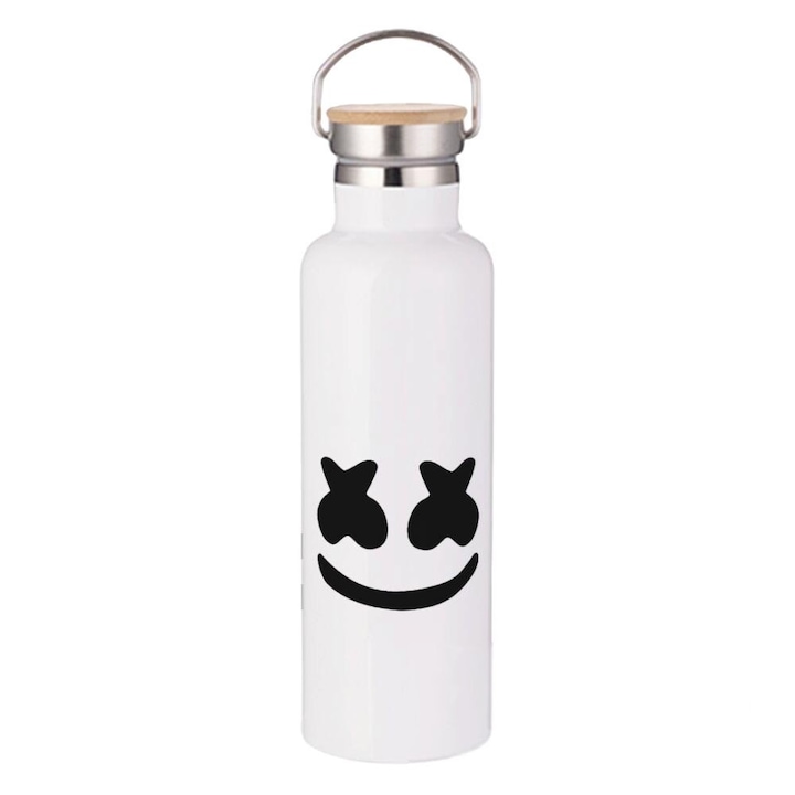 Termos Travel Flask, Model Marshmello, Perete dublu, Inox/Bambus, 750 ml, Alb