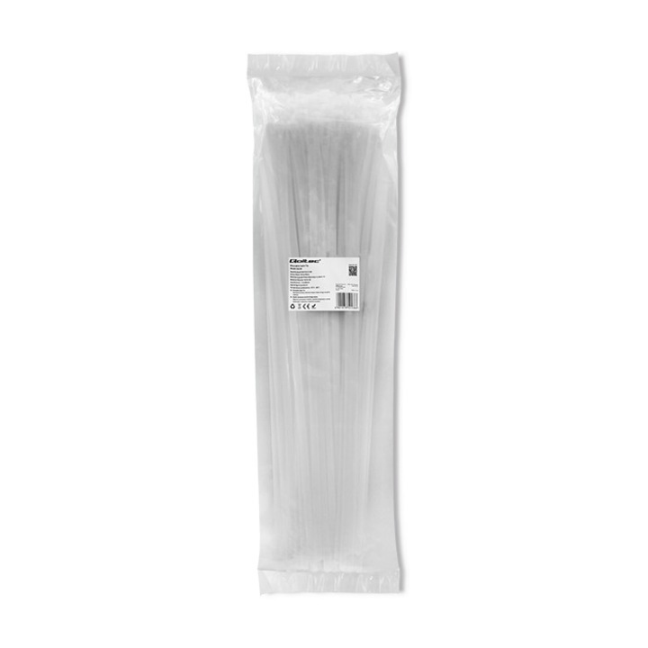 Qoltec Benzi de prindere reutilizabile, coliere cabluri Nylon66 UV, 7.2x450mm, Alb, rezistente la temperaturi extreme (-35C la +85C), 100 bucati, rezistenta la rupere UL 94 V2, solutie organizare profesionala