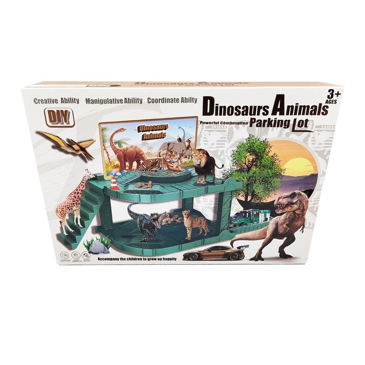 Set interactiv de joaca supraetajat, Jurassic Park, cu Dinozauri si Vehicule de interventie, 15 piese, VisionXXI