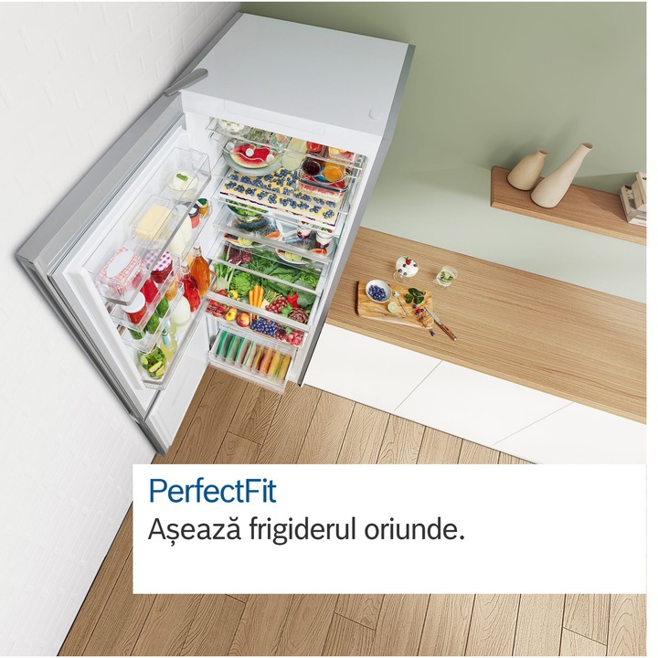 Combina frigorifica Bosch KGN397LDF, 363 L, NoFrost, VitaFresh, Touch control, PerfectFit, raft sticle, Clasa D, H 203 cm, Metal Look