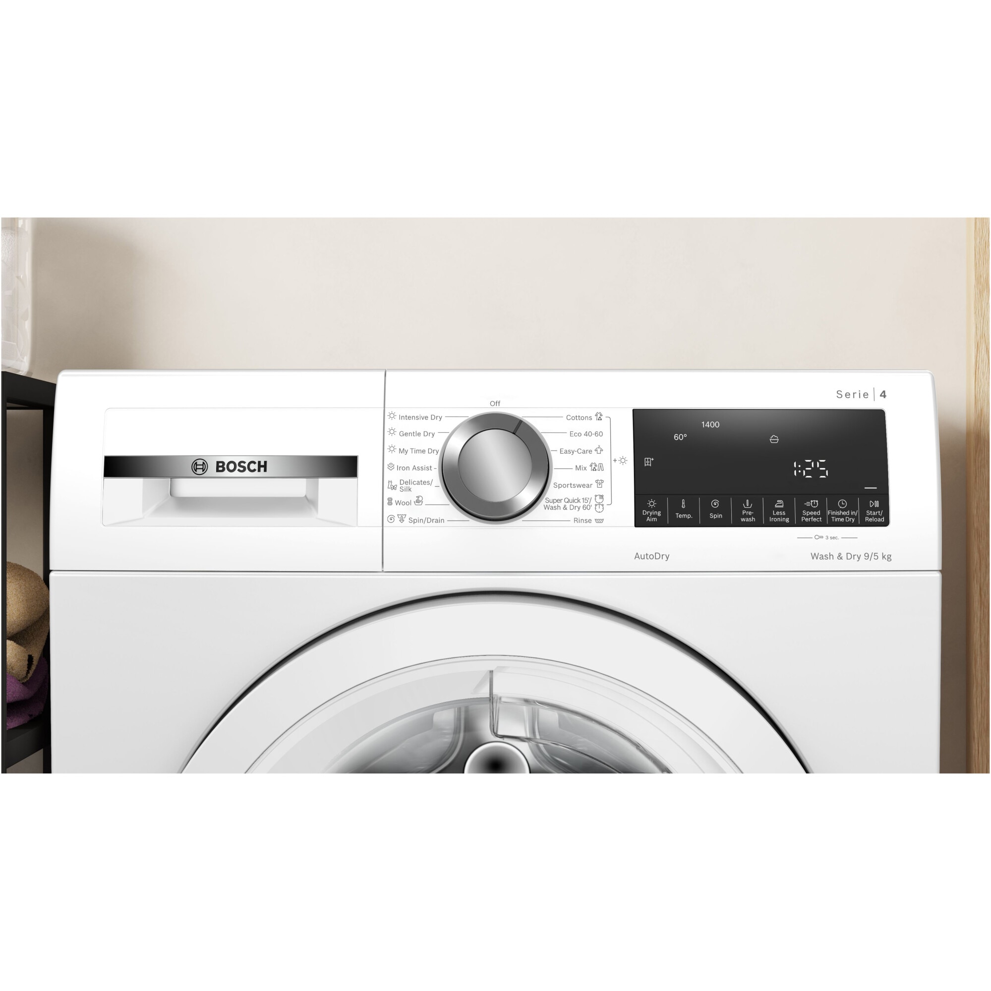 Masina de spalat rufe cu uscator Bosch WNA144V0BY, Spalare 9 kg, Uscare 5 kg, 1400 RPM, Clasa B, Motor EcoSilence Drive, AutoDry, Alb