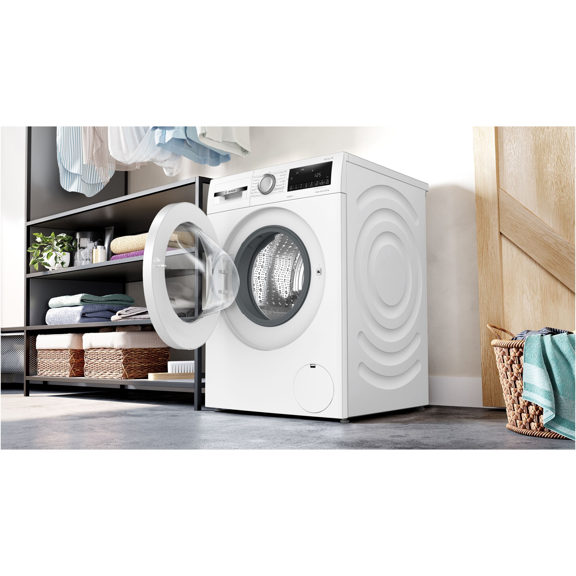 Masina de spalat rufe cu uscator Bosch WNA144V0BY, Spalare 9 kg, Uscare 5 kg, 1400 RPM, Clasa B, Motor EcoSilence Drive, AutoDry, Alb