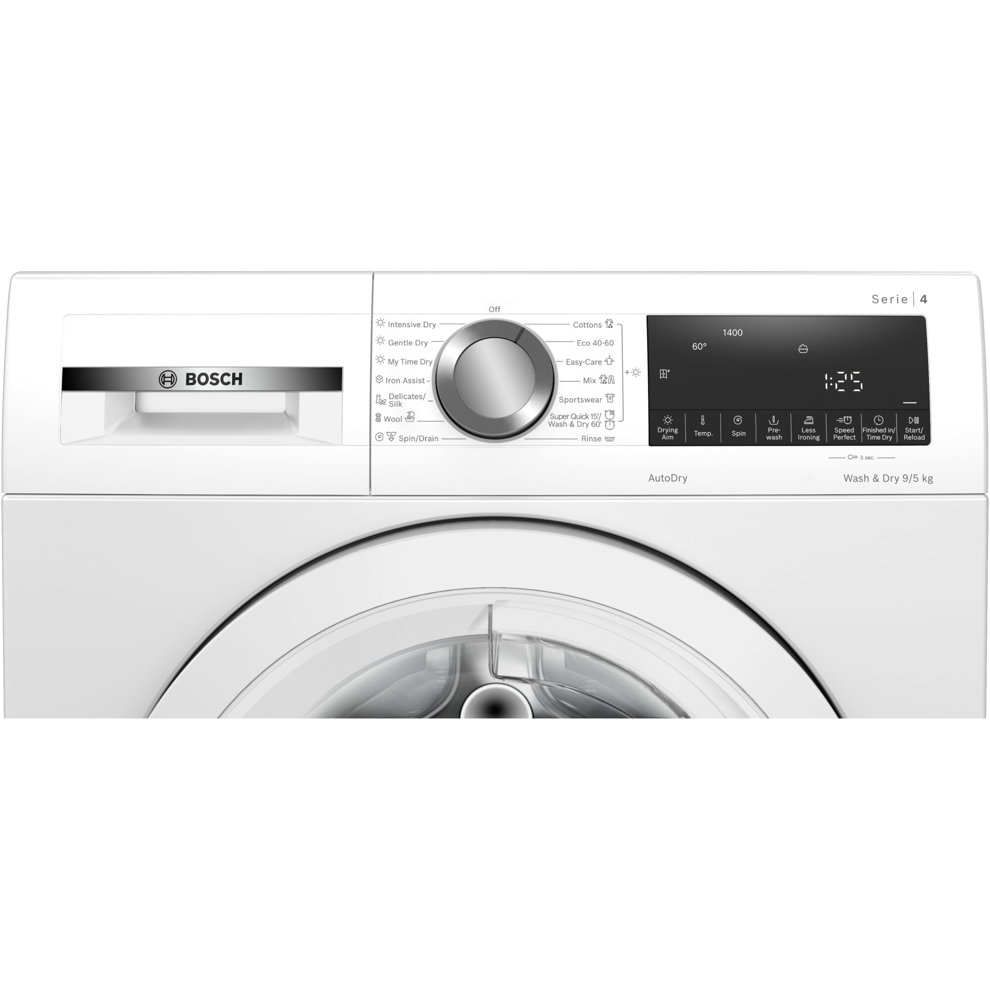 Masina de spalat rufe cu uscator Bosch WNA144V0BY, Spalare 9 kg, Uscare 5 kg, 1400 RPM, Clasa B, Motor EcoSilence Drive, AutoDry, Alb