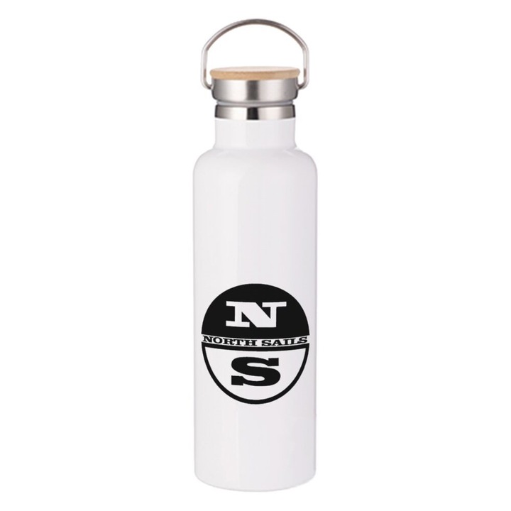 Termos Travel Flask, Model - North Sails, Perete dublu, Inox/Bambus, 750 ml, Alb