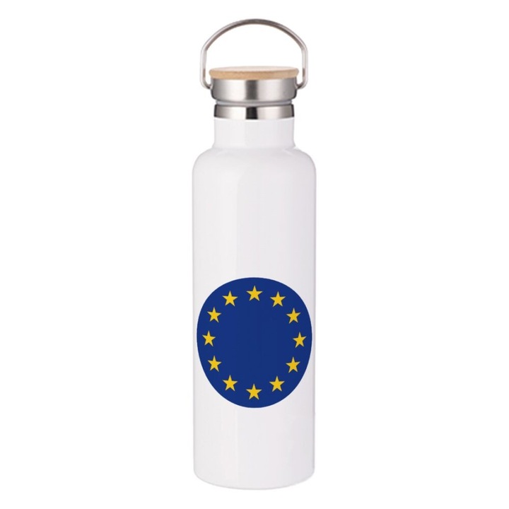 Termos Travel Flask, Cu steagul Uniunii Europene, Perete dublu, Inox/Bambus, 750 ml, Alb