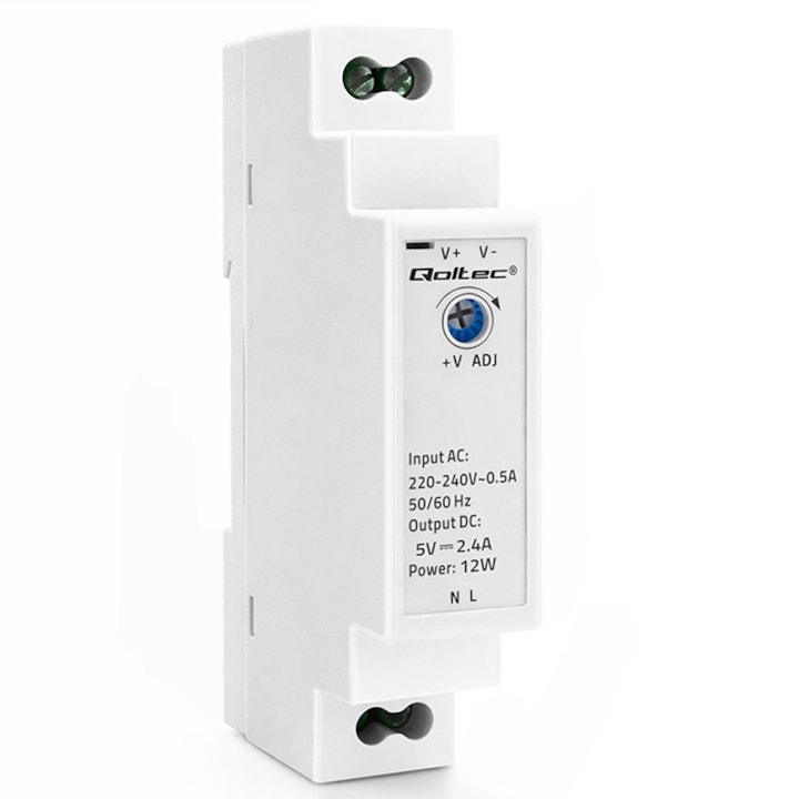 Sursa de alimentare pe sina DIN Qoltec Industriala 12W 5V 2.4A, eficienta ridicata, montaj pe sina TS35/7.5 sau 15, protectii complete, design compact Slim pentru automatizari si sisteme de control