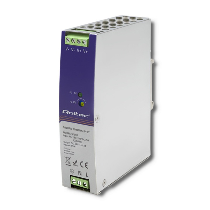 Sursa Pe Sina Din, Qoltec, 50905, Putere: 75W, Tensiune De Iesire: 12V, Intensitate De Iesire: 6.3A, Clasa De Protectie: Ip20, 115 x 32 x 125 mm, Argintiu