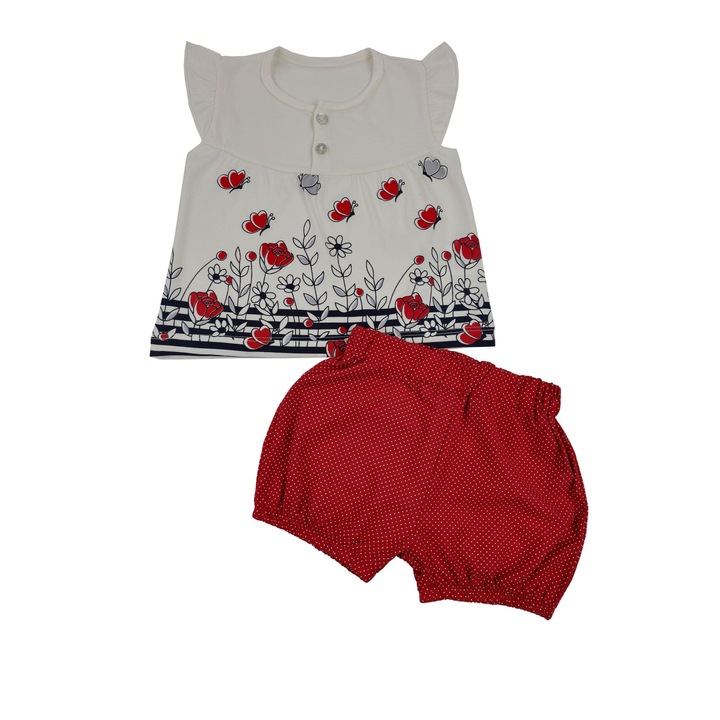 Compleu Bebelusi Fetite "Fluturasi" 2 Piese Bluza Maneca Scurta Si Pantaloni Scurti 100% Bumbac Alb/Rosu, Rosu