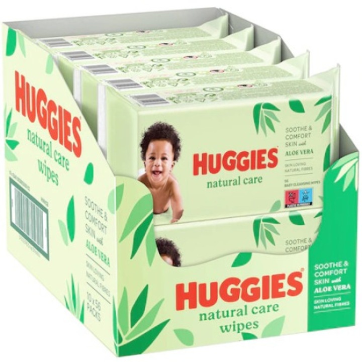 Комплект от 10 опаковки мокри кърпички Huggies Aloe Vera с естествени целулозни влакна и плътна текстура, без парфюм, алкохол и парабени