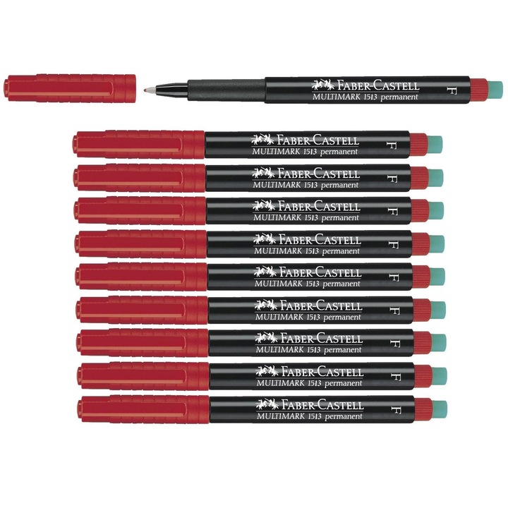 Set 10 marker permanent Faber-Castell Multimark, varf F grosime 0,6 mm, rosu
