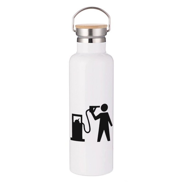 Termos Travel Flask, Model Fuel Crisis, Perete dublu, Inox/Bambus, 750 ml, Alb